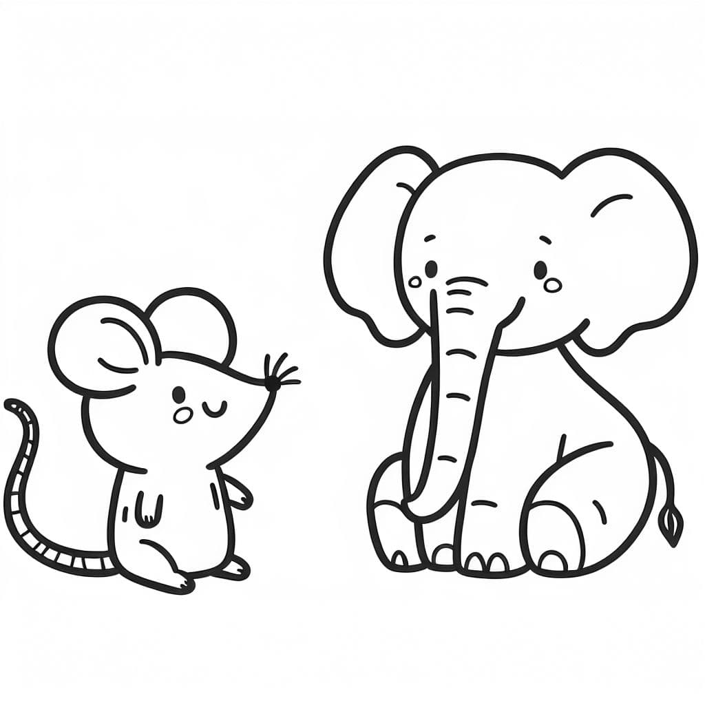 Un dibujo divertido de un ratón y un elefante jugando juntos.