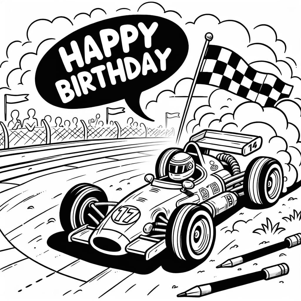 Un auto de carrera diciendo 'Feliz cumpleaños Joel'.