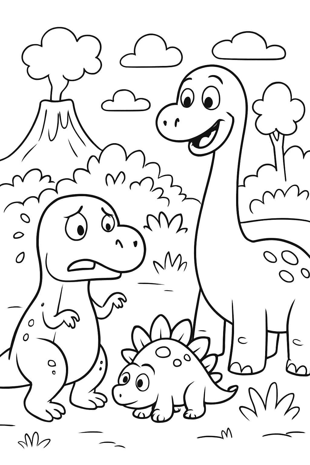 T-rex anxieux et brontosaurus fort amis avec stégosaure caché dans les buissons