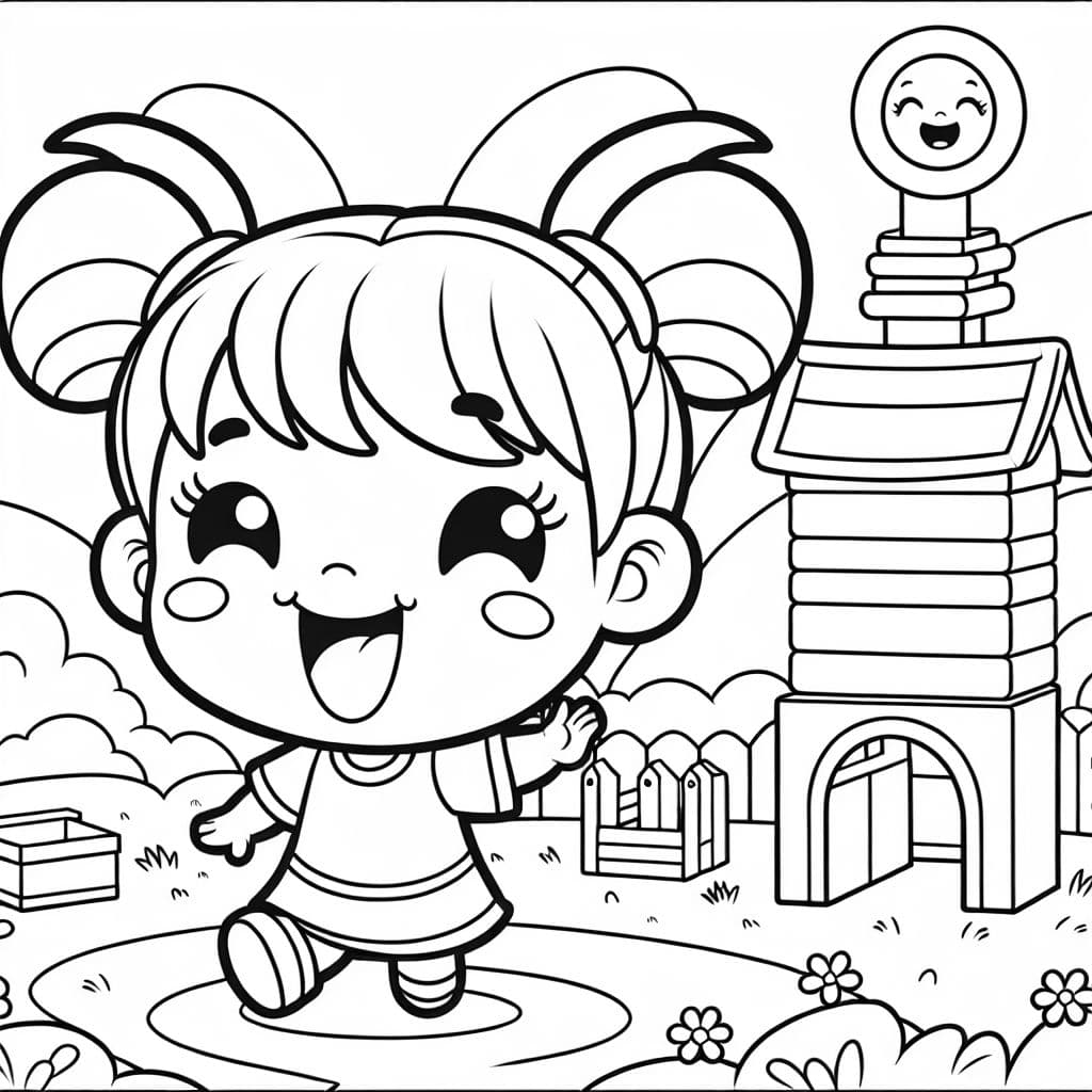 Bébé fille chinoise de dessin animé avec des couettes qui sourit.