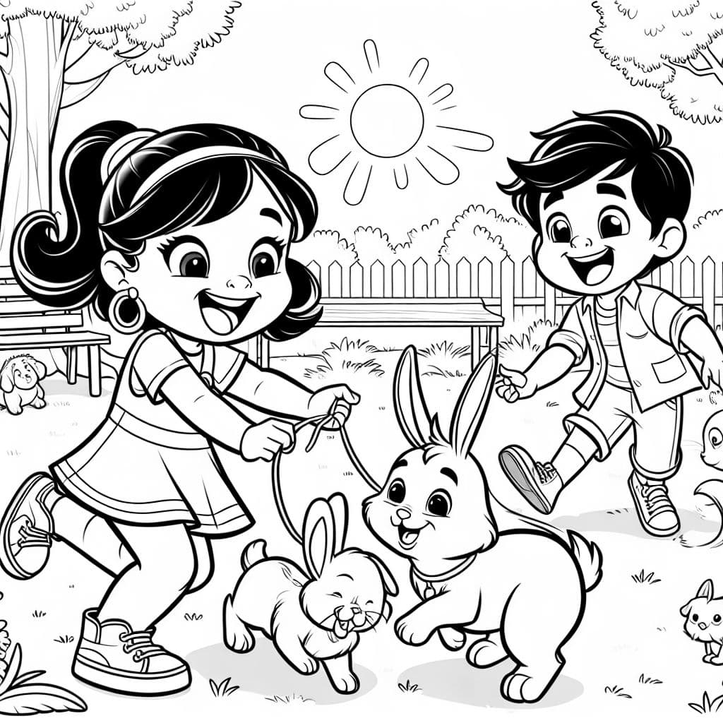 Un chien joue avec une fille et un garçon joue avec un lapin