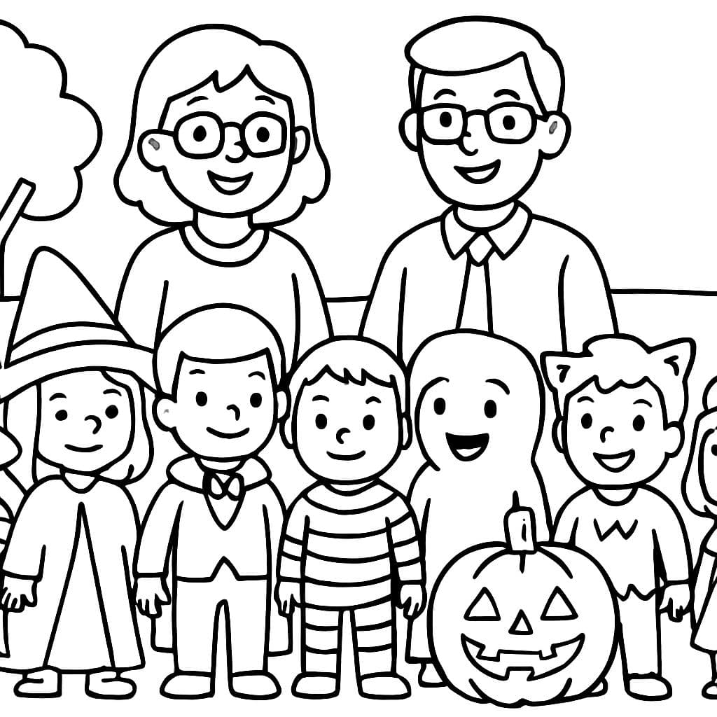 Dos maestros con 6 niños y 2 niñas para Halloween