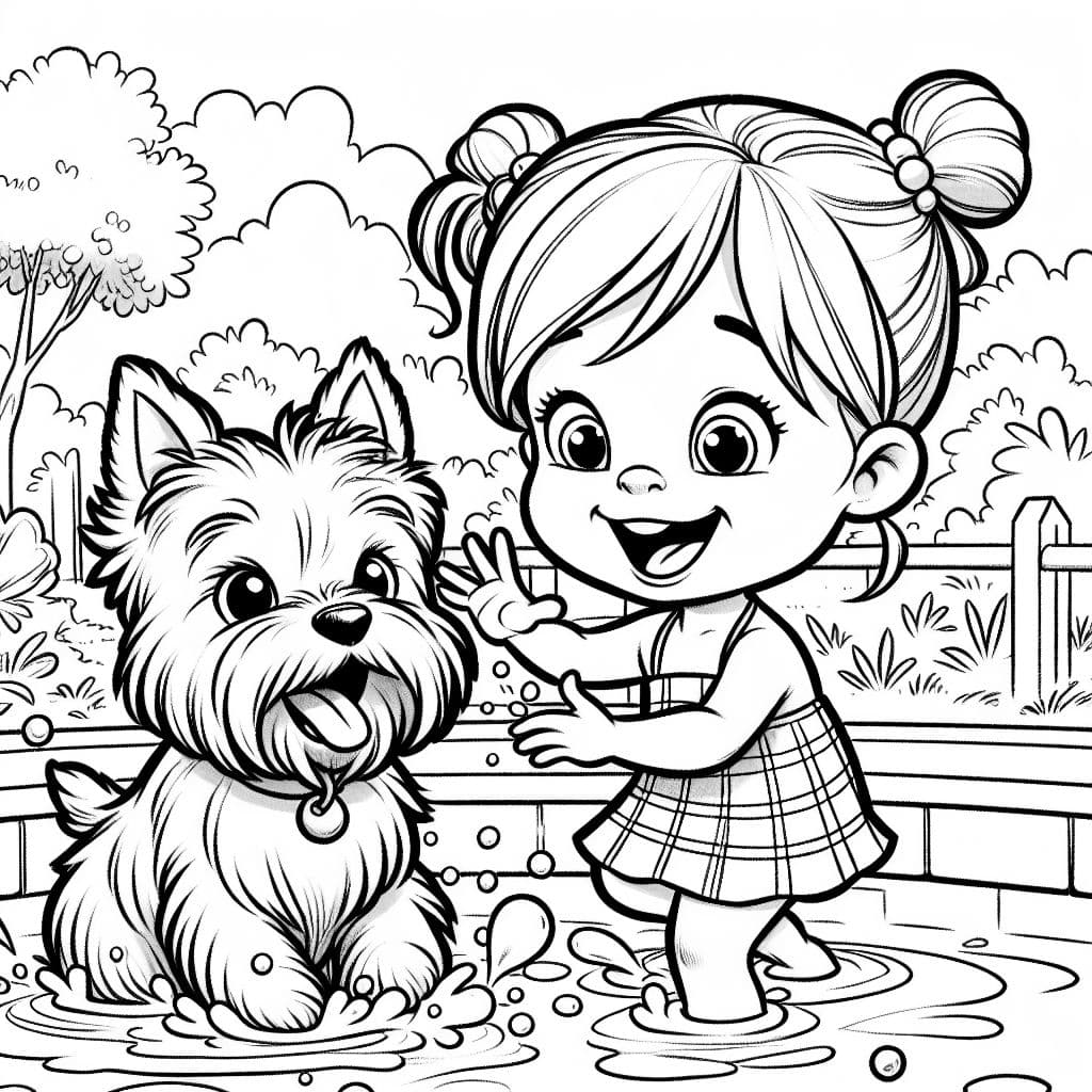 Cairn terrier and three year old girl playing