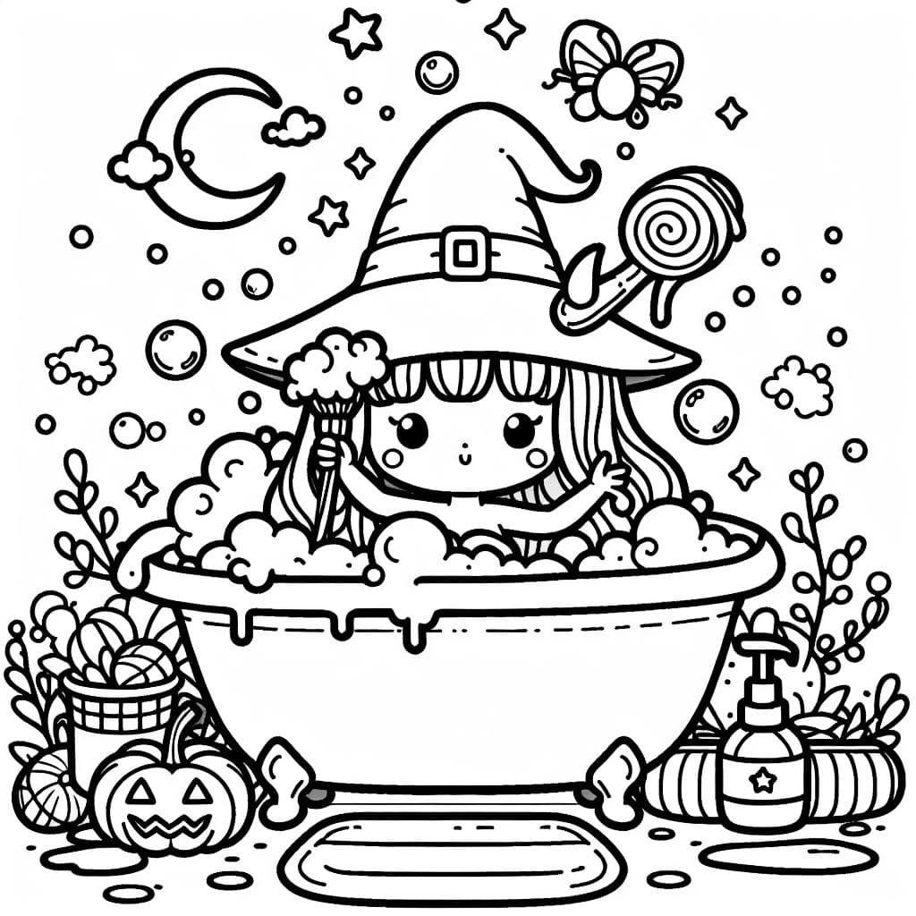 eine Hexe in der Badewanne. Die Hexe wäscht sich.