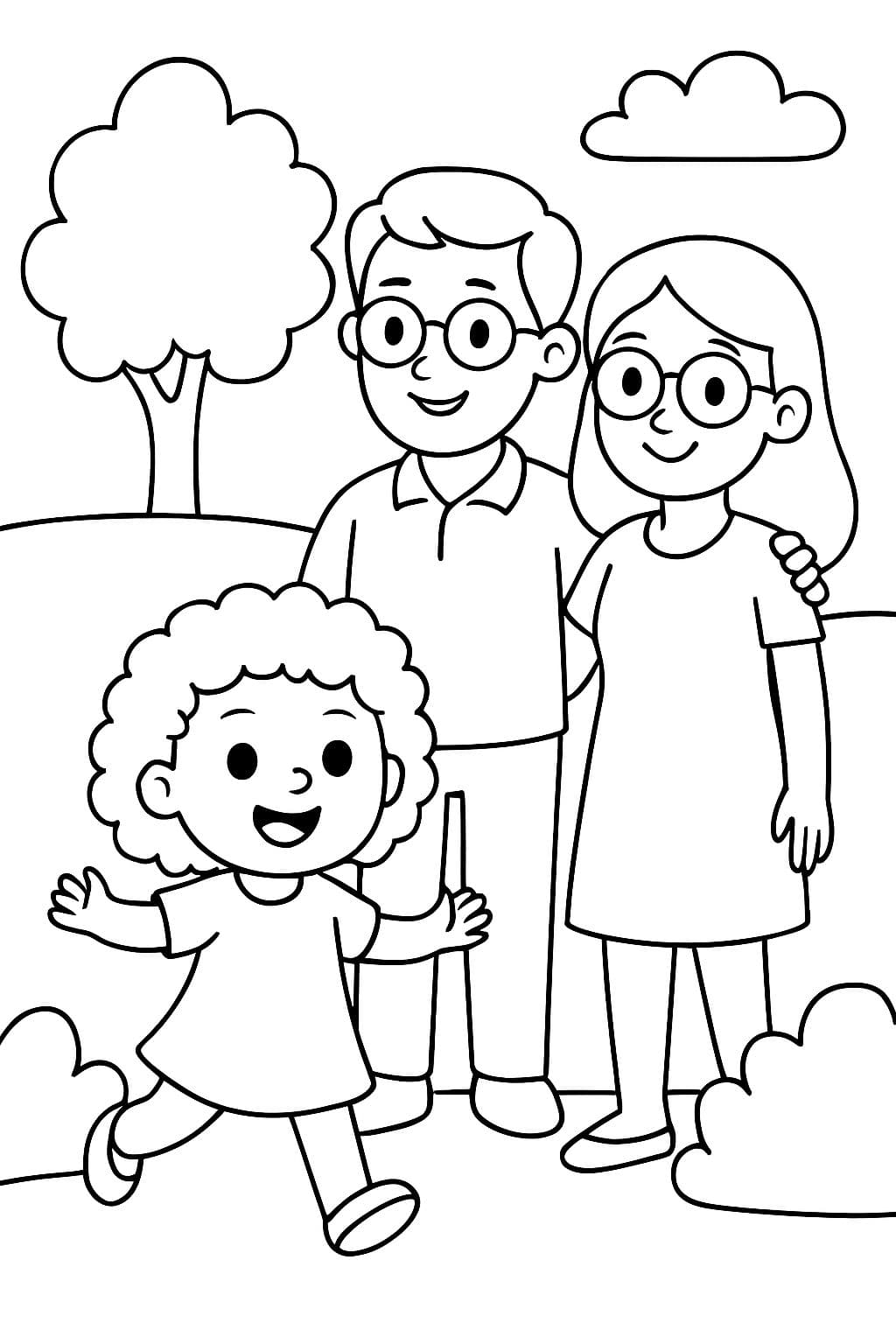 una niña pequeña con cabello rizado, un padre y una madre con gafas