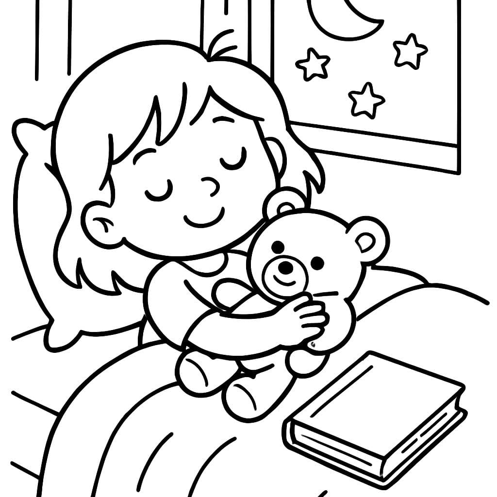 une petite fille endormie dans son lit tenant un ours en peluche, lune et étoiles dehors par la fenêtre, livre d'histoires à côté