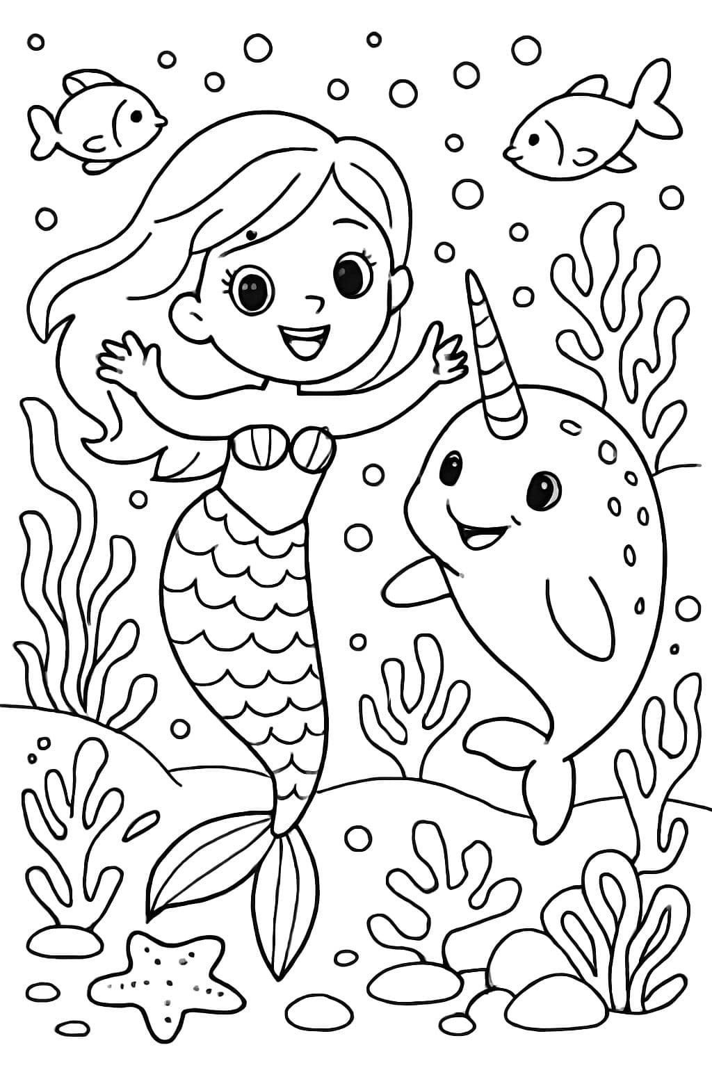 Eine Meerjungfrau mit einem Narwal und vielen Details im Meer.