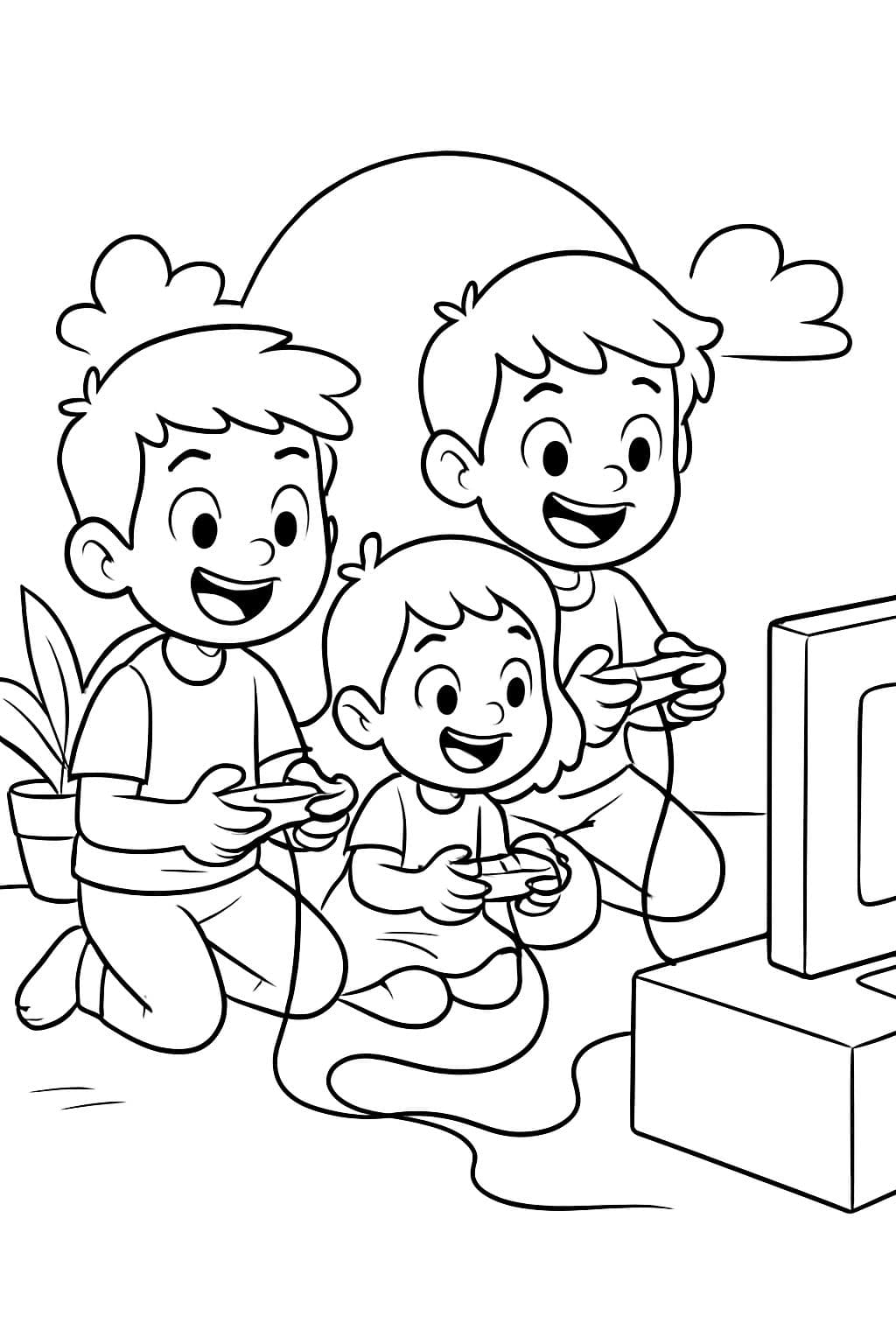 3 frères et sœurs, 2 garçons plus âgés et 1 jeune sœur jouant à des jeux vidéo.