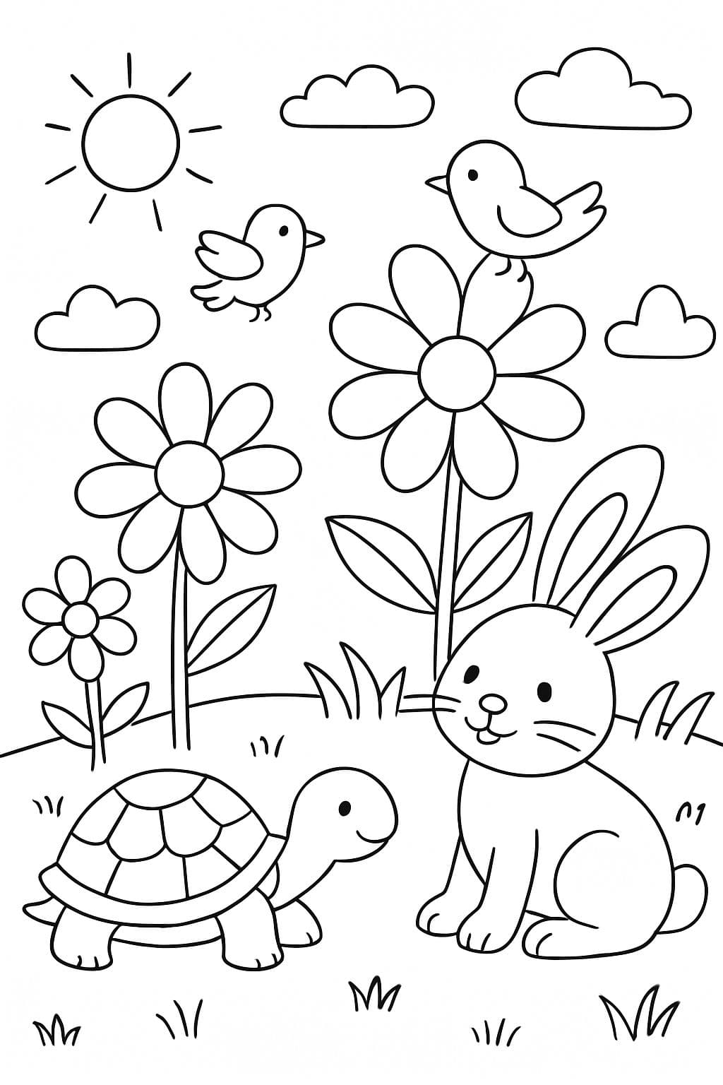 grandes flores en el campo aves liebre y tortuga