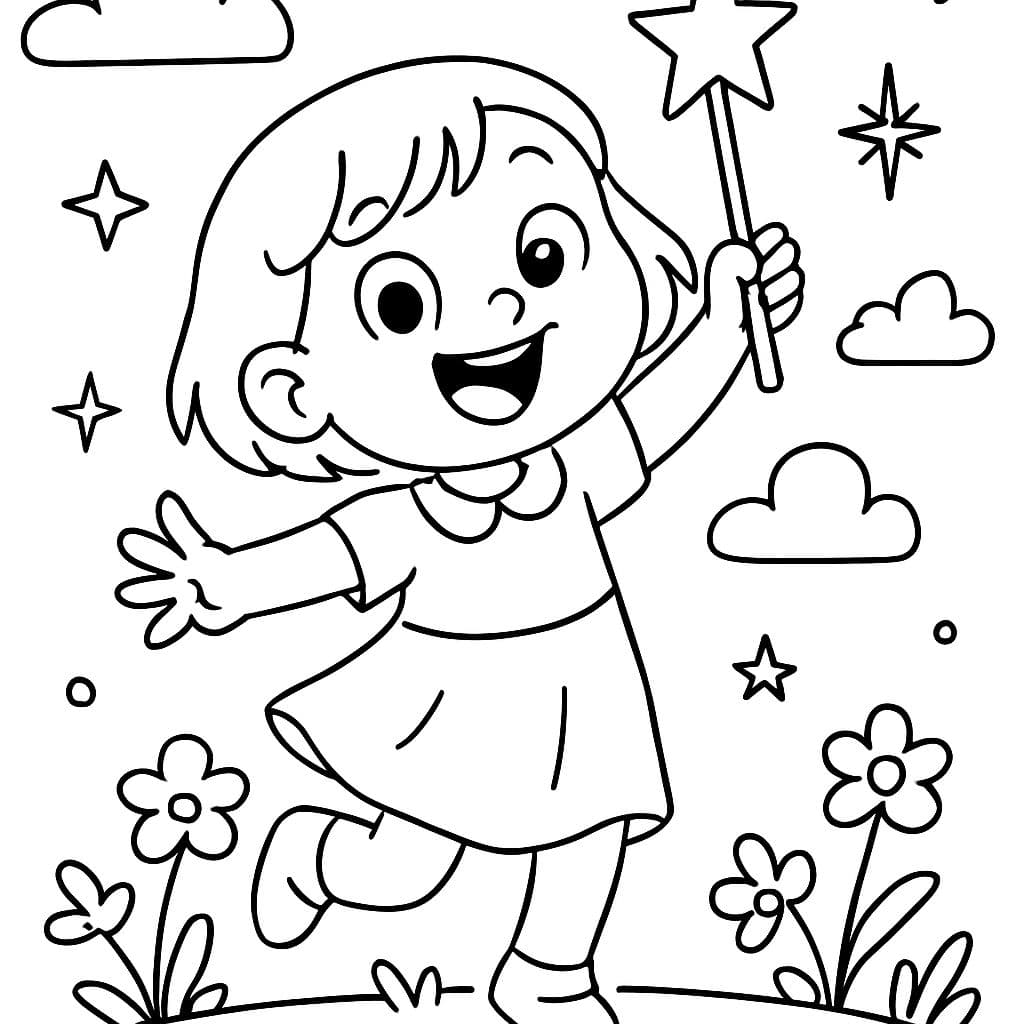 Une petite fille avec les cheveux courts qui a une baguette magique.