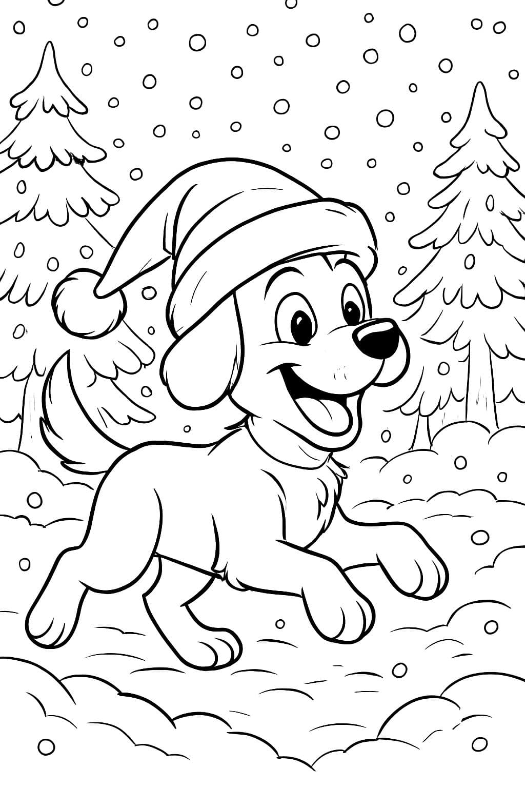 a Christmas picture where there should be a dog wearing a Christmas hat, the picture should be in the forest and it should be snowing