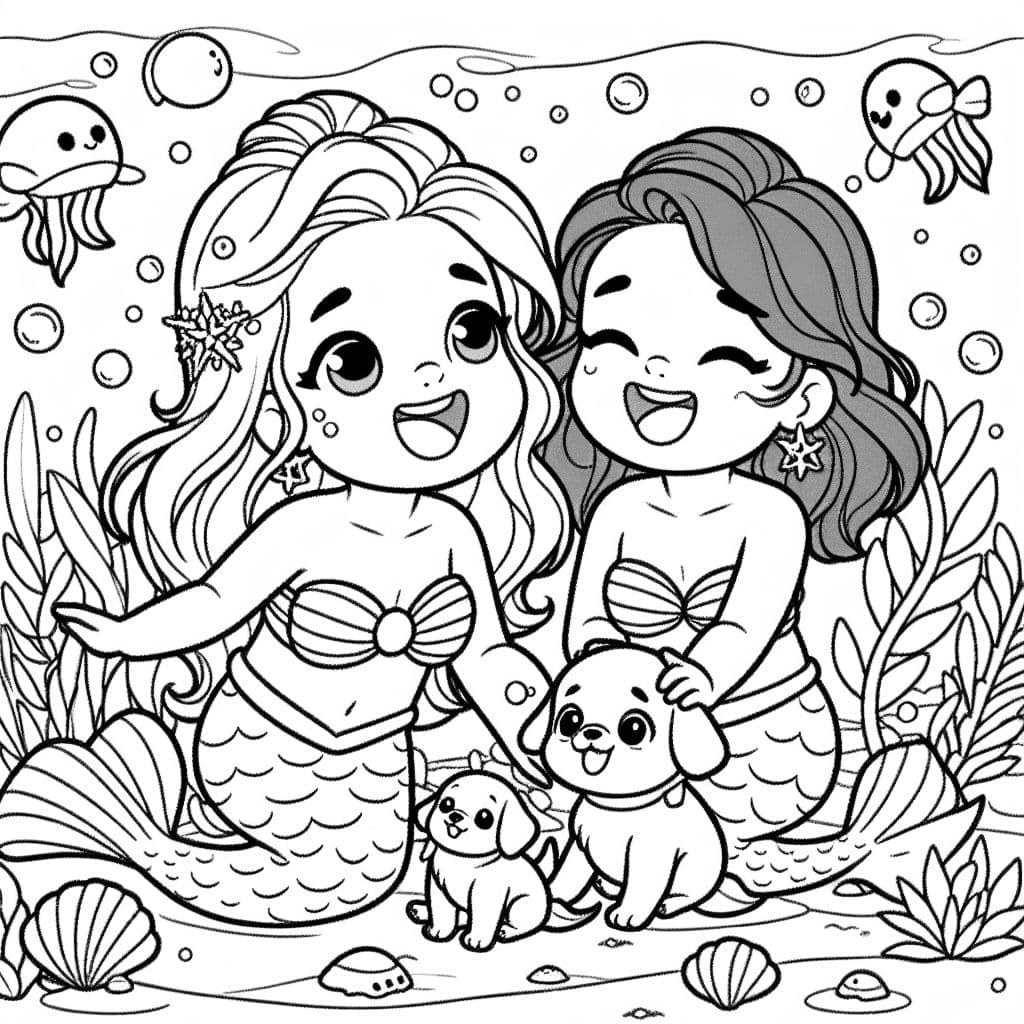 Dos hermanas sirenas que están jugando con sus muñecas.