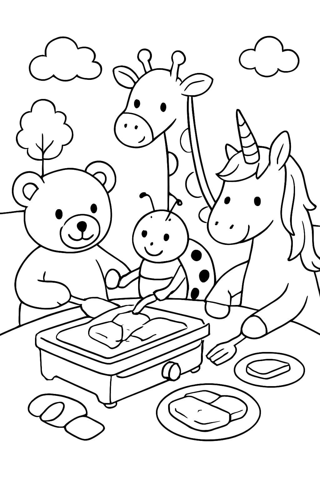 Un ours en peluche, une giraffe, un coccinelle et une licorne mangent du raclette.