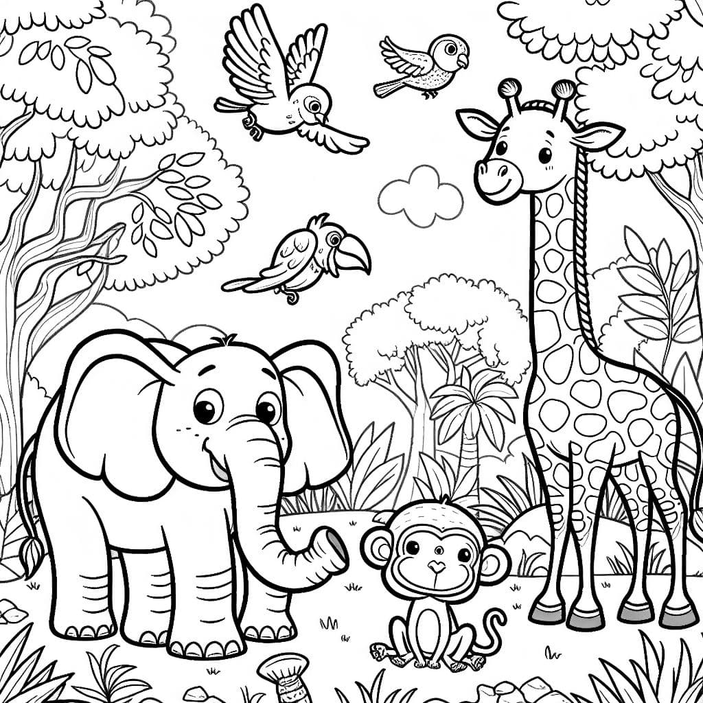 una jungla con un elefante, un mono, una jirafa y algunos pájaros