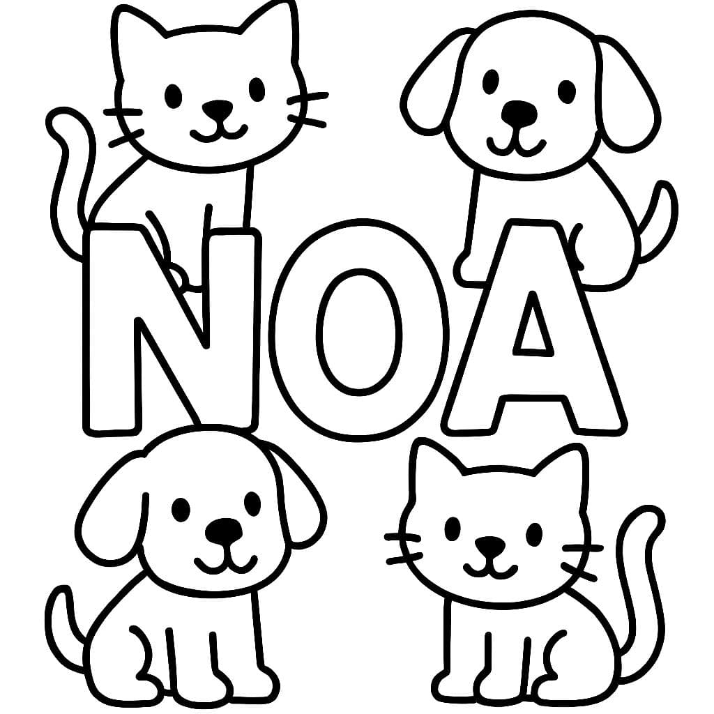 die Buchstaben NOA mit Katzen und Hunden darum herum