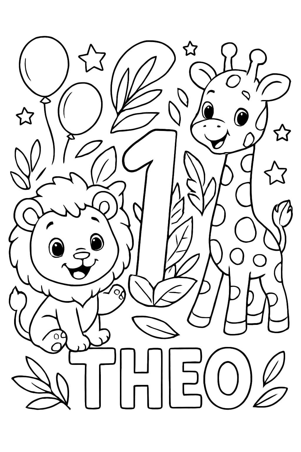 imagem de colorir de aniversário simples para um bebê. Um lindo filhote de leão e uma filhote de girafa estão comemorando juntos. No centro, há um enorme número "1" decorado com folhas de selva. O grande texto fácil de colorir diz "Theo". Arte de linha de alta qualidade, contornos negros grossos, fundo completamente branco, sem gradientes ou sombras.