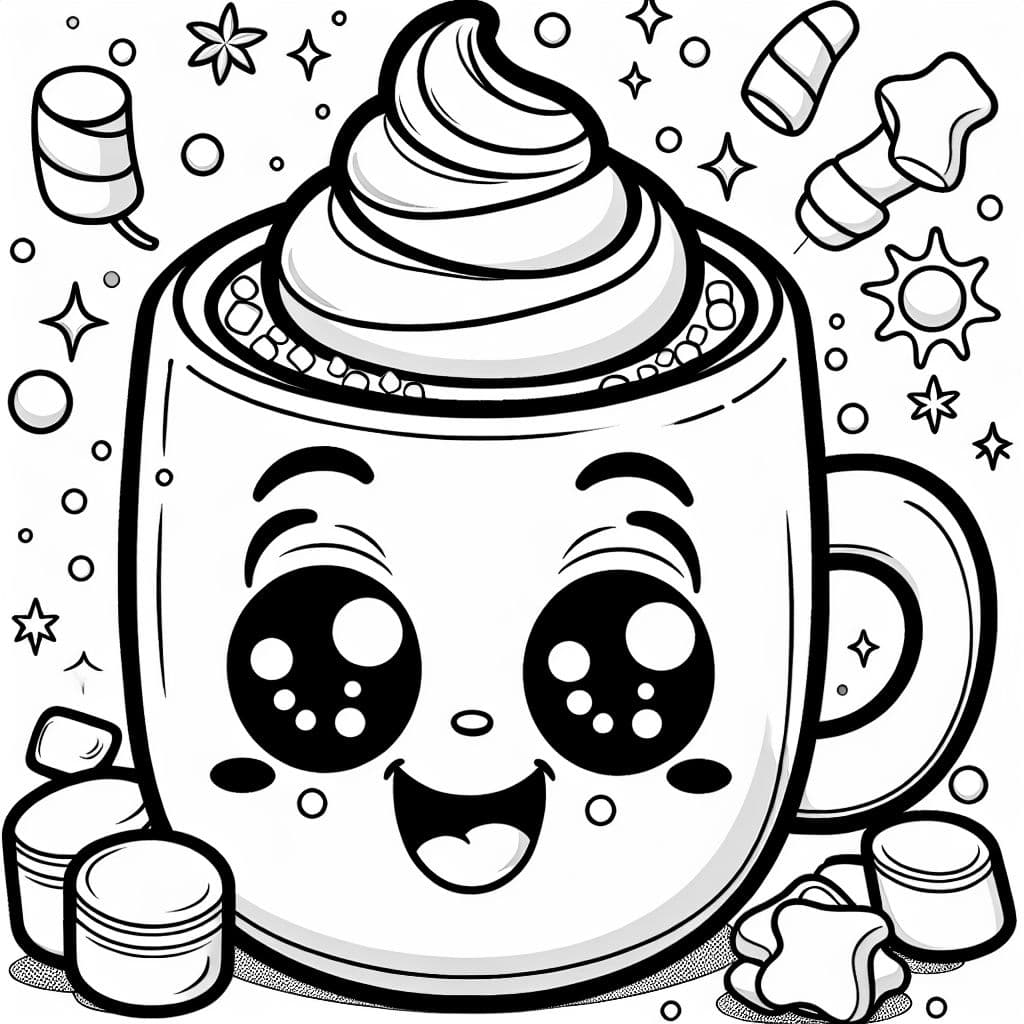 Taza de chocolate caliente con cara y crema batida.