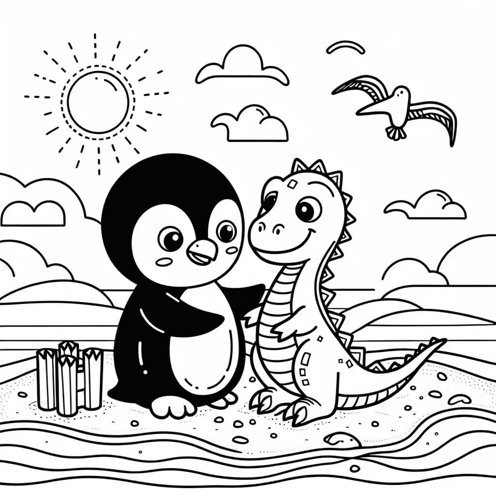 Un pingüino con un mejor amigo dinosaurio en la playa