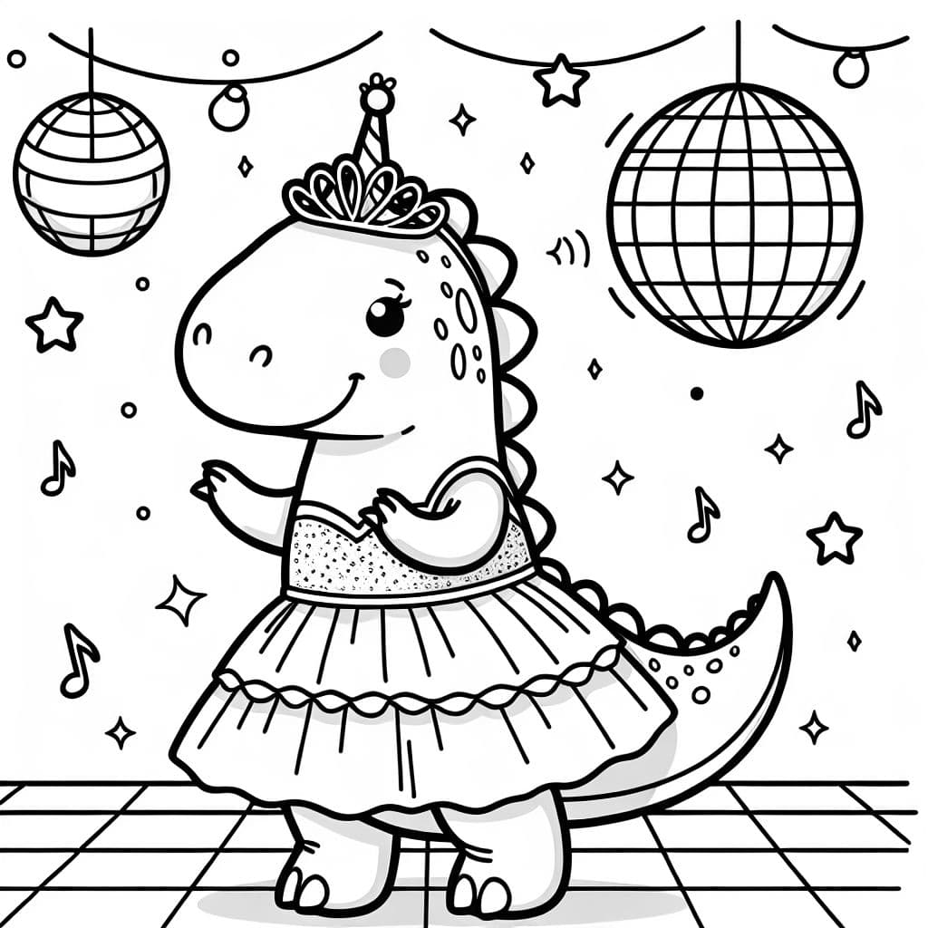 einen dinosaurier der ein prinzessinnen kostüm trägt und unter einer diskokugel tanzt
