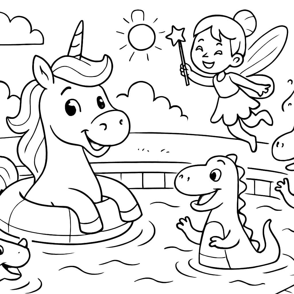 Un unicornio con un hada y dos dinosaurios en la piscina