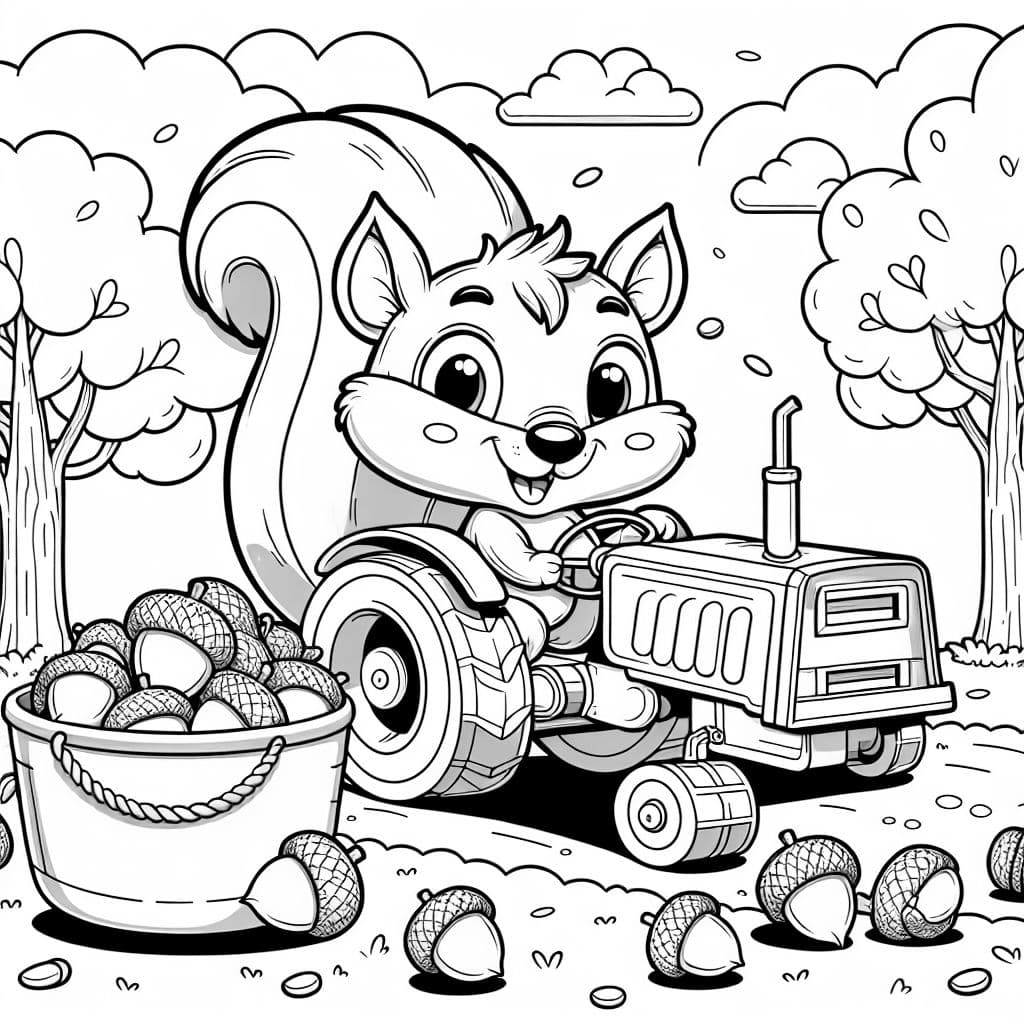 Una ardilla conduciendo un tractor recogiendo esquina.