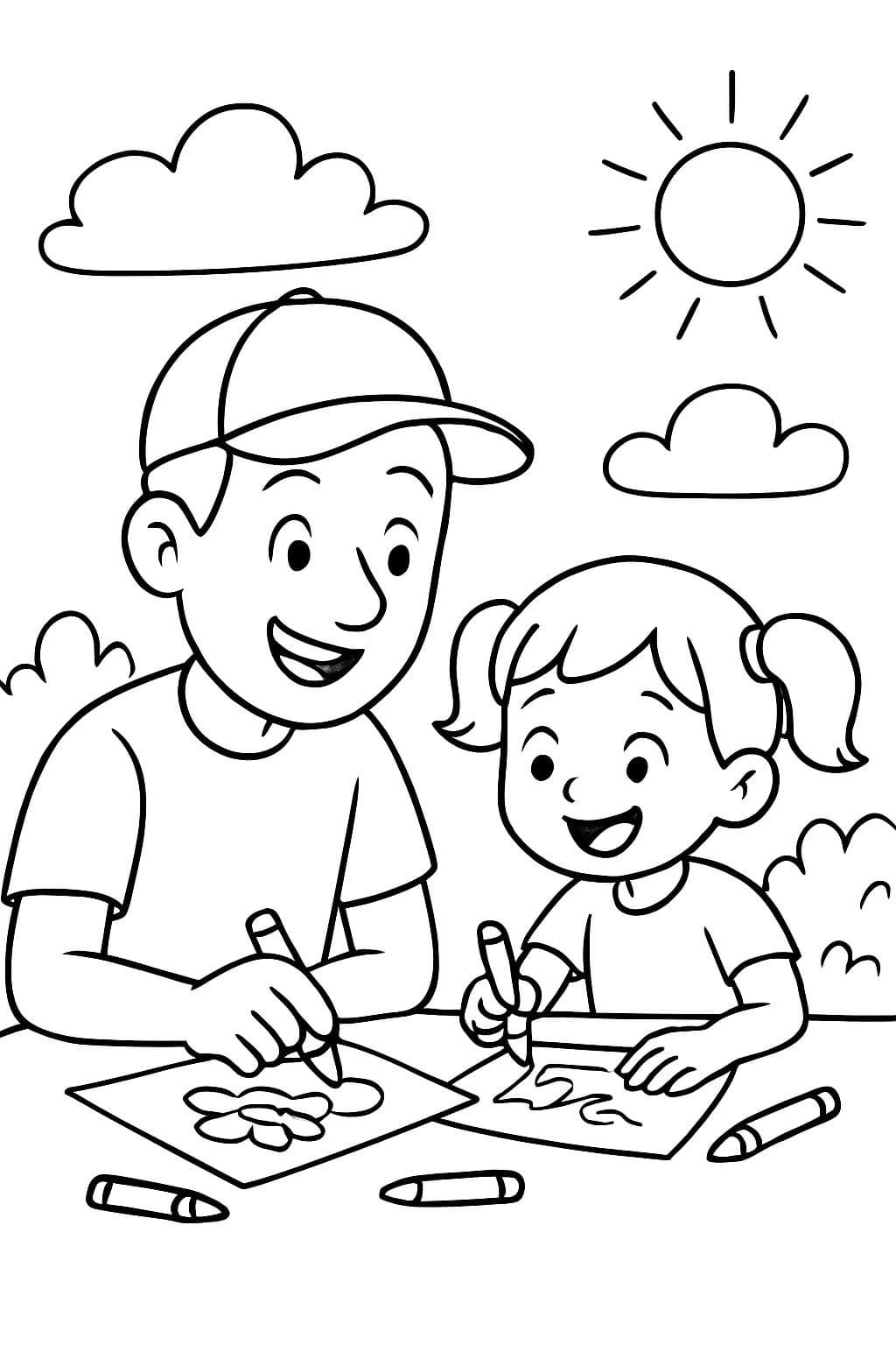 Vater mit einer Baseballmütze, der mit seiner 3-jährigen Tochter malt.