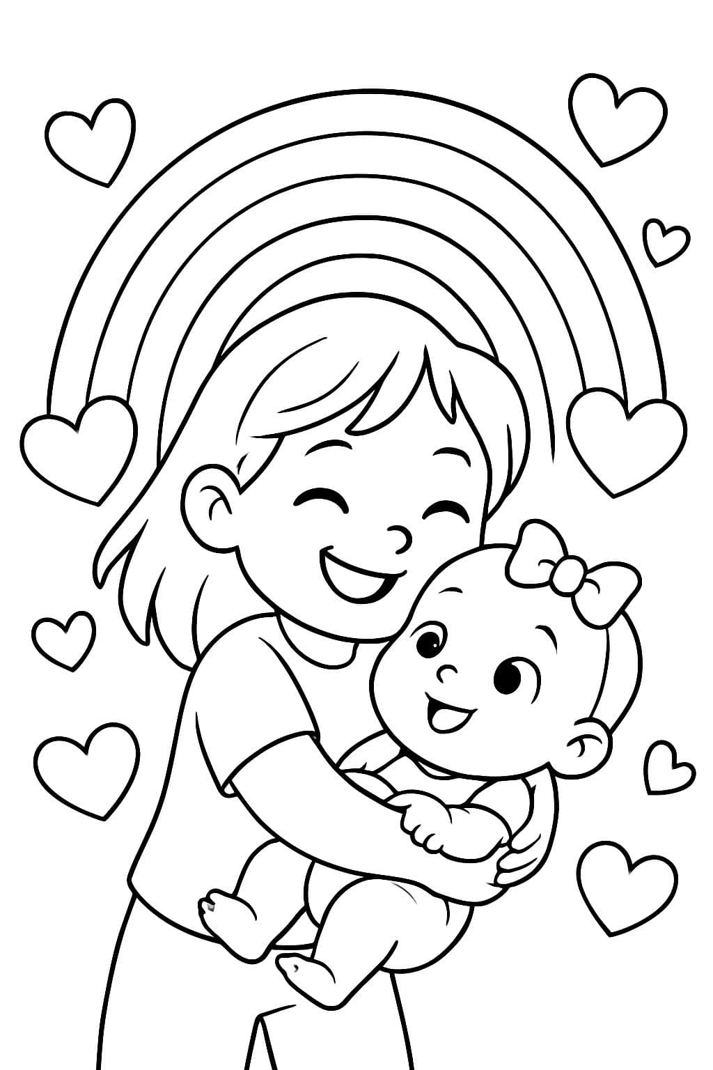 a five-year-old big sister with medium-length loose hair hugging her six-month-old little sister with a rainbow in the background and hearts.