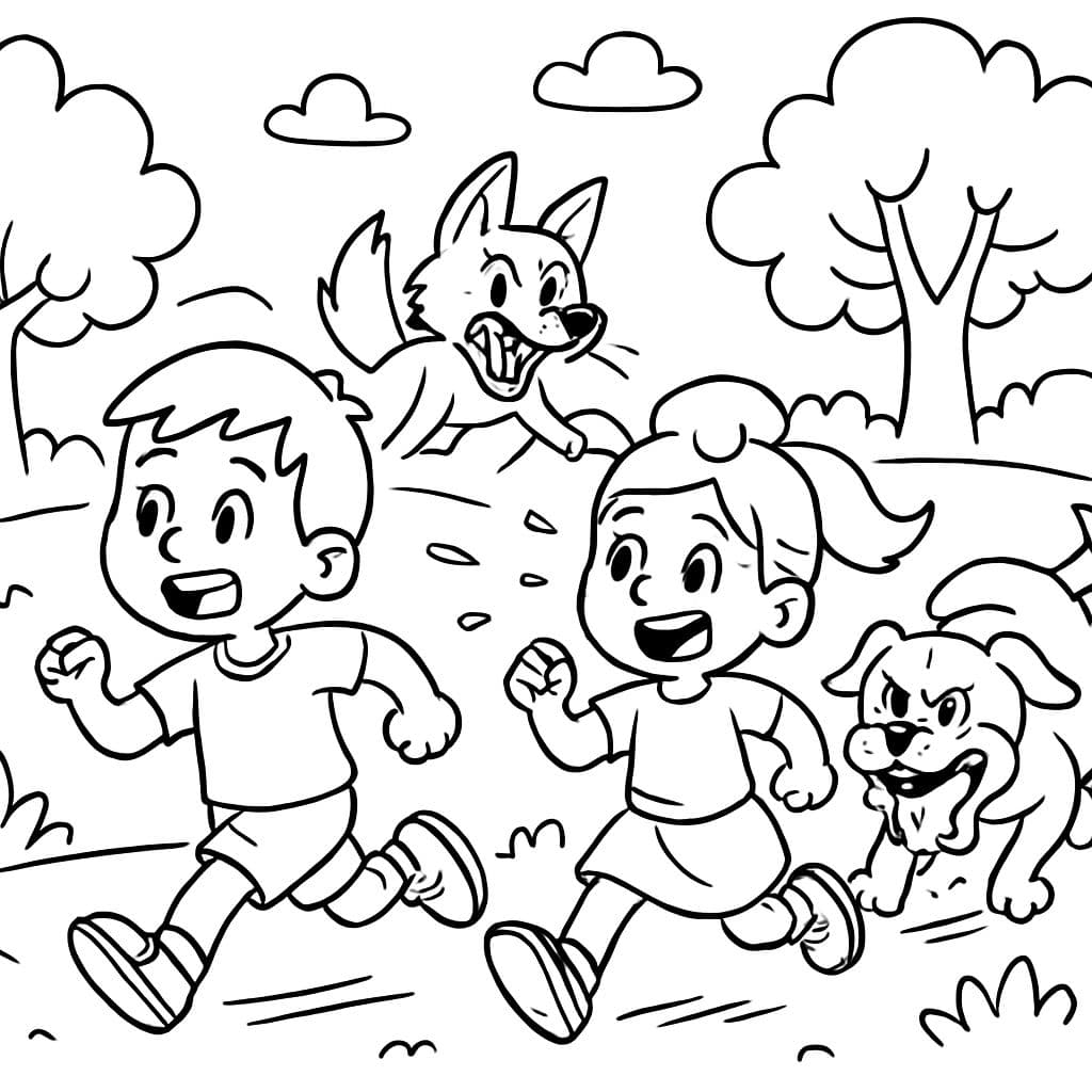 two children running away from a wild fox and an angry dog with foam at the mouth