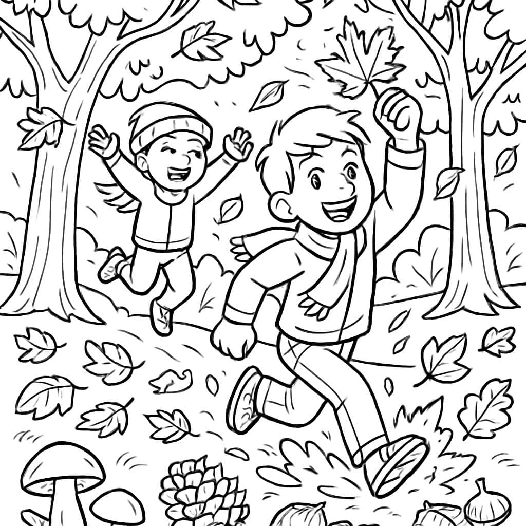 Paisaje de otoño con árboles, hojas, setas, piñas, castañas, niños jugando