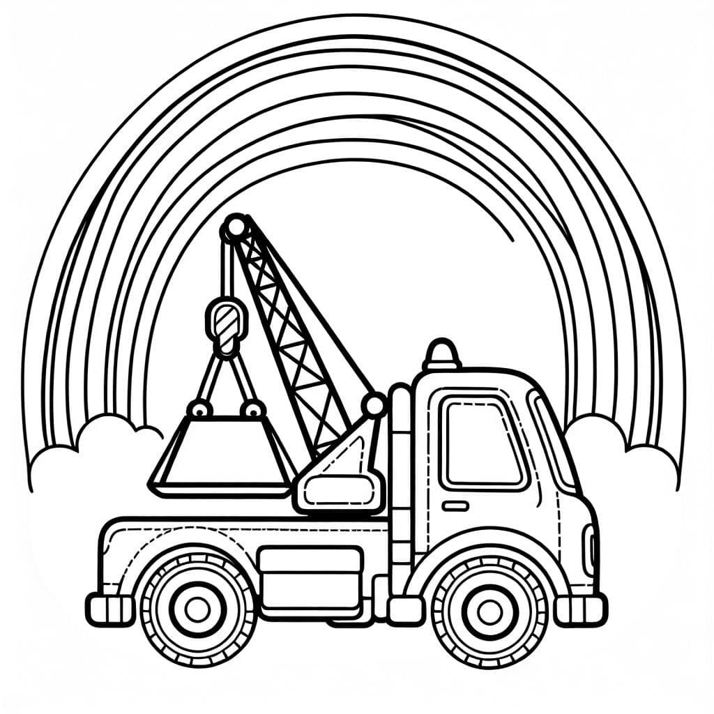a simple photo of a crane truck with a rainbow in the background