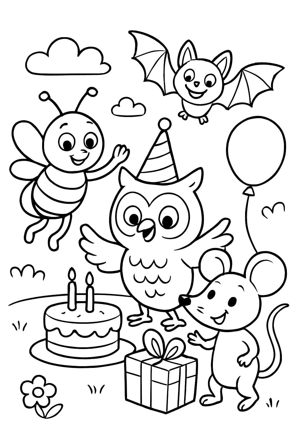 une abeille, une chauve-souris, un hibou, un lézard et une souris célébrant un anniversaire