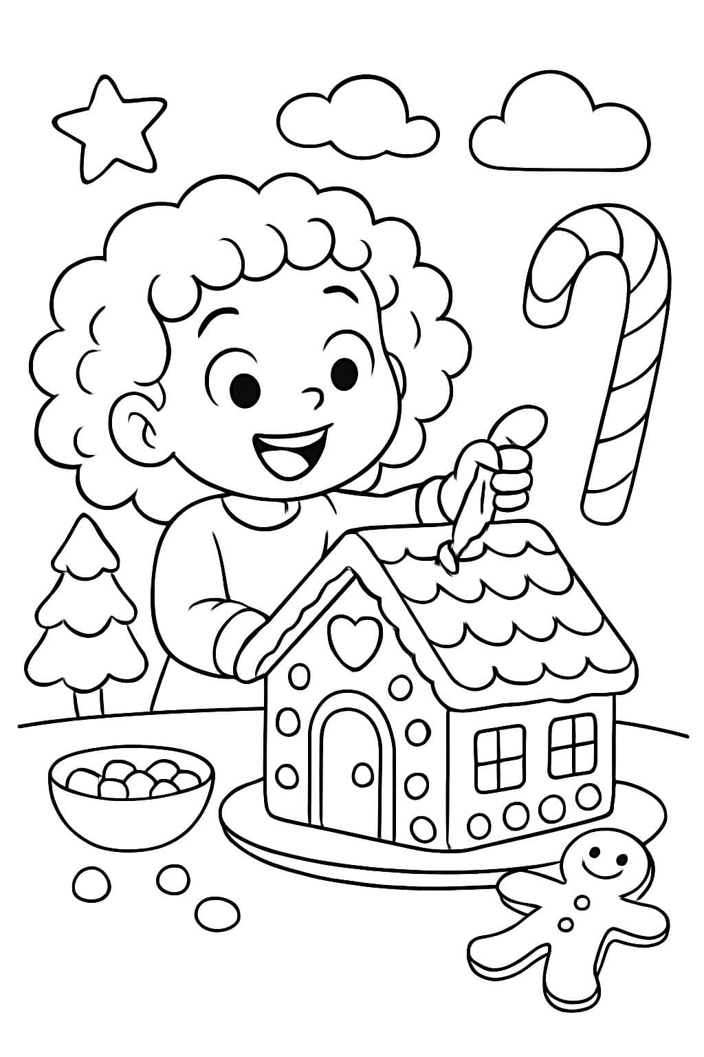 niña de 3 años con cabello rizado decorando una casa de jengibre