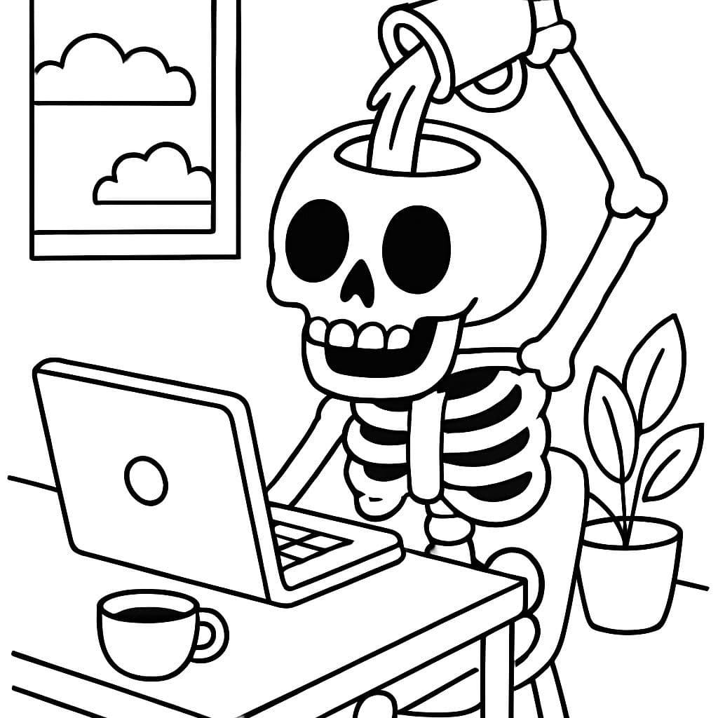 un esqueleto trabajando en una computadora y echándose café en la cabeza