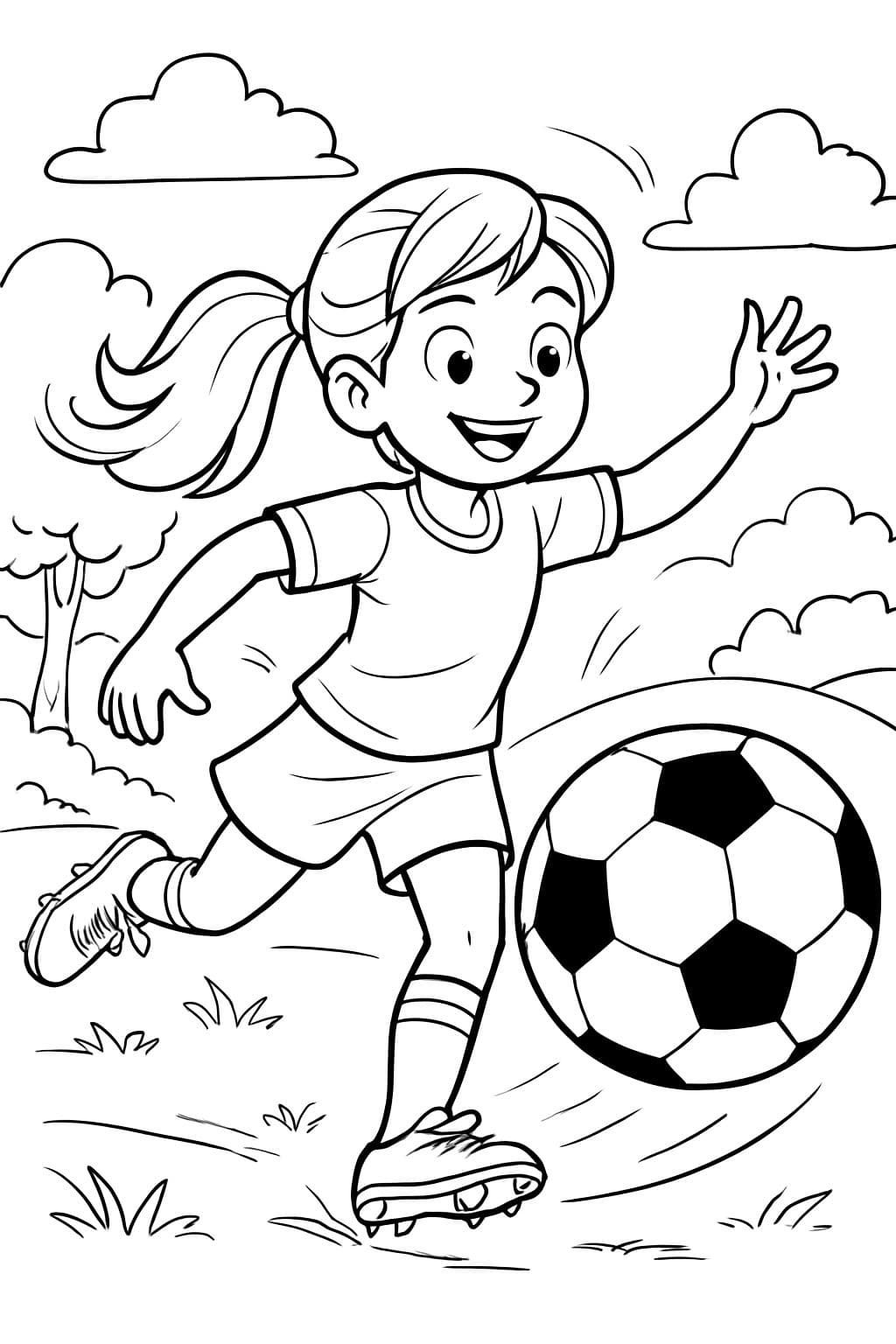 Une fille joue au football avec le plus grand ballon de football qui a cinq segments noirs.