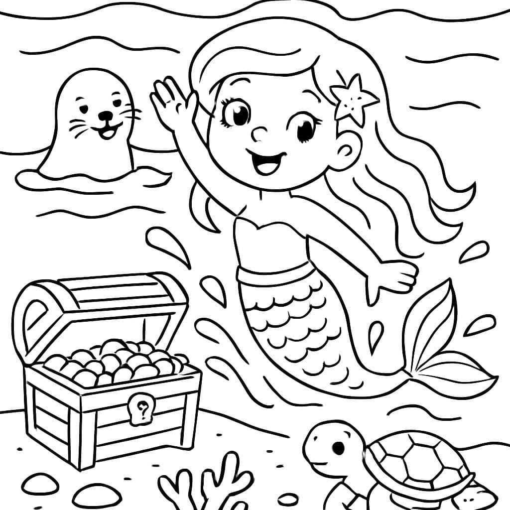 Sereia espirrando na água com uma foca, alguns tesouros e uma tartaruga.