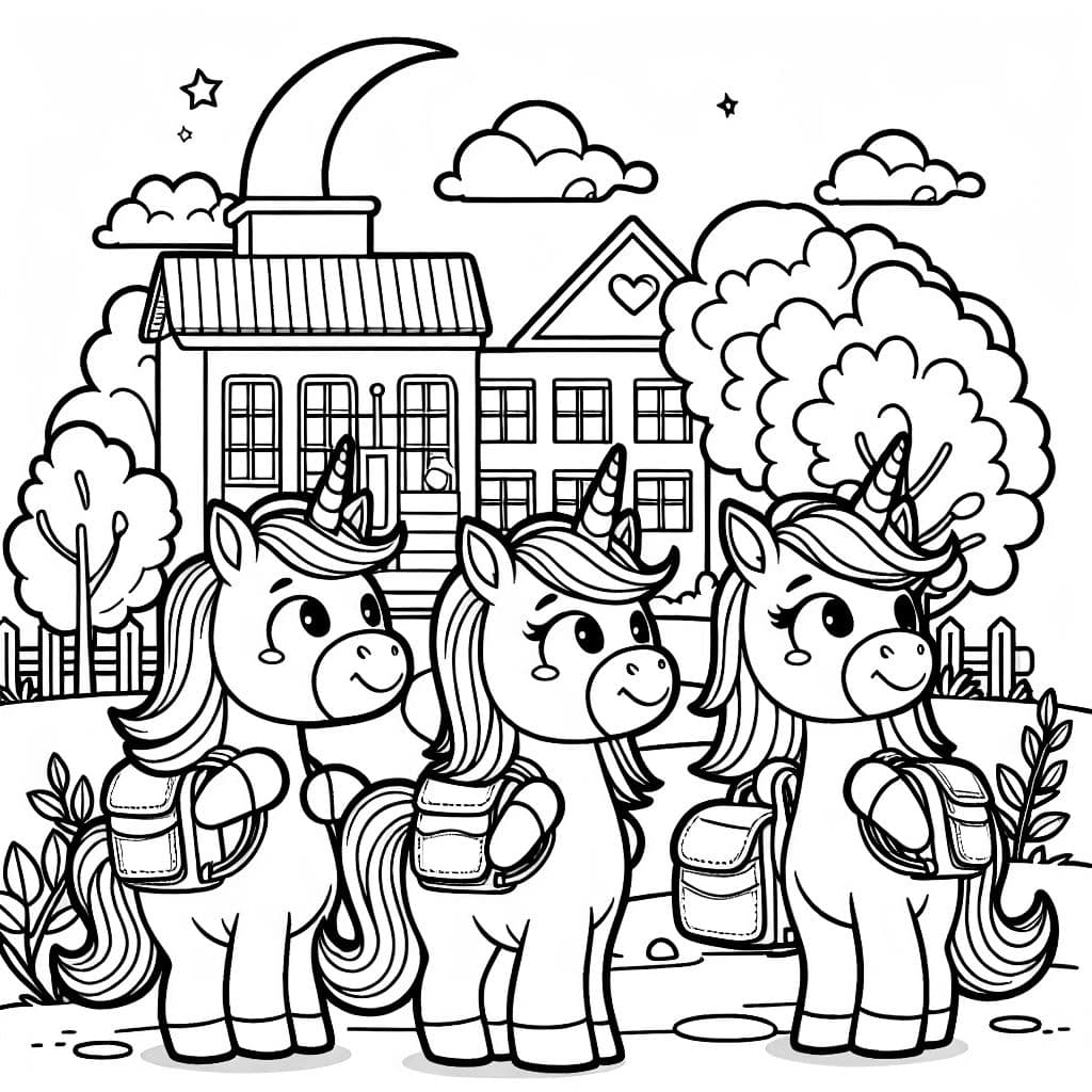 tres unicornios frente a una escuela y mochilas escolares