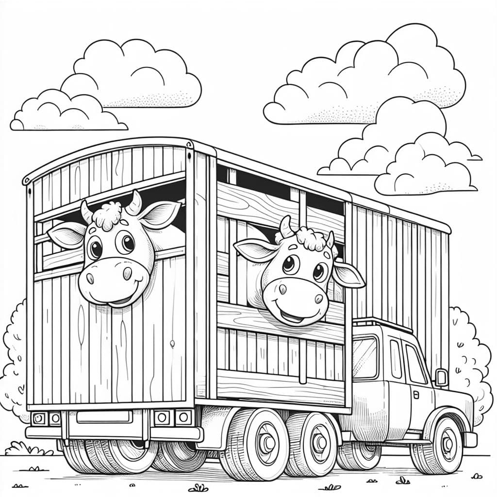 Animal transport trailer with two bulls in the back. Drawing only lines with a white background to color. Childish.