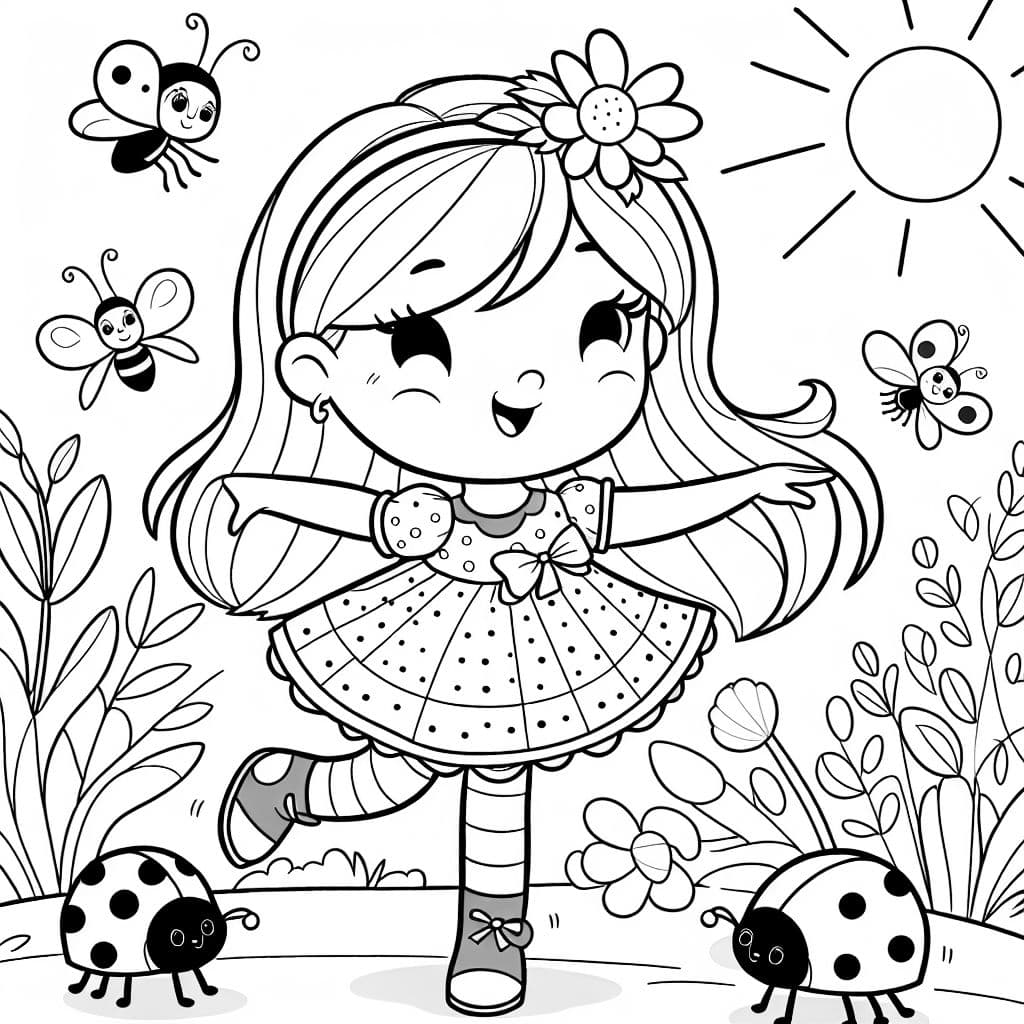 niña rubia de cinco años bailando con una mariquita