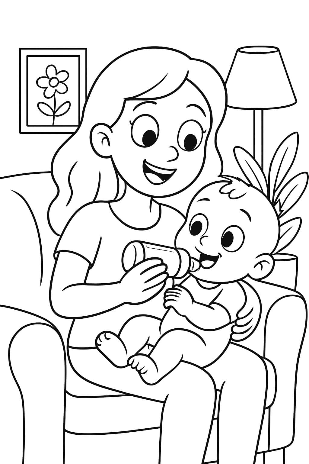Bebé bebiendo del biberón en el regazo de mamá en el sofá