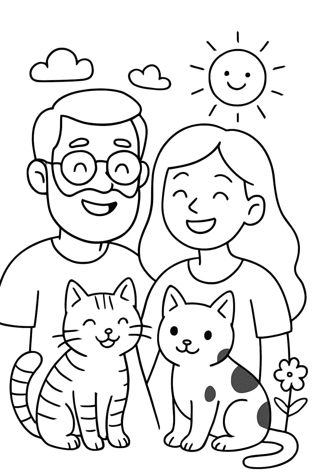 Homme avec une barbe et des lunettes, femme avec de longs cheveux dans un style de dessin mignon, un chat tigré et un autre avec des taches grises. Fond propre avec les noms Euge (femme), Mati (femme), Darla (chat tigré), Milo (chat avec des taches).
