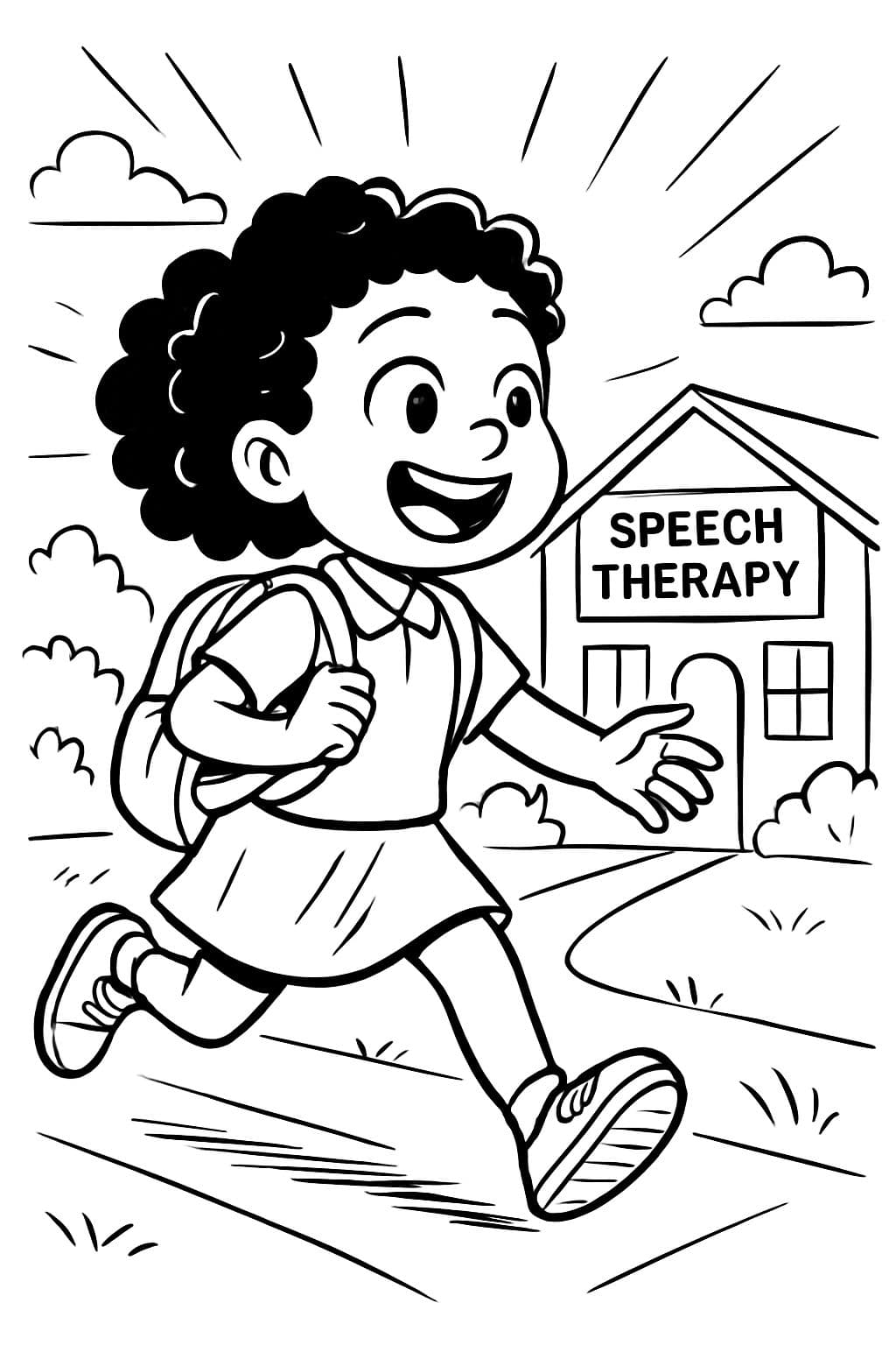 Leighton (Mädchen mit lockigem Haar) läuft aufgeregt zur Sprachtherapie.