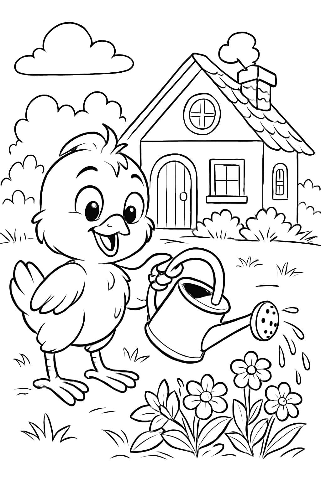 Küken 🐤 in einem kleinem Haus 🏠 gießt gerade Blumen 🌺 im Garten