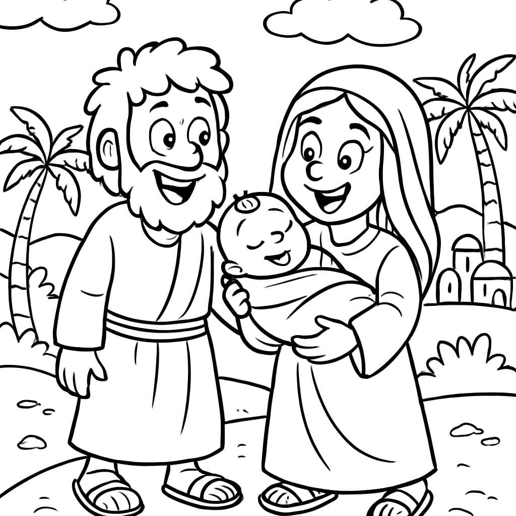 Un homme et une femme habillés de vêtements bibliques tenant un bébé.