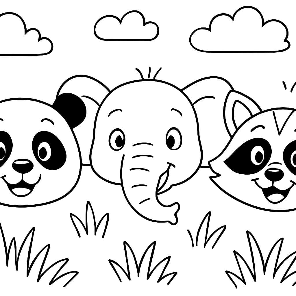 3 rostos de animais lado a lado, como cartazes de procura, panda, elefante e guaxinim