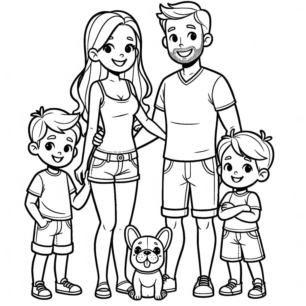 papá, mamá, dos niños en pantalones cortos y un pequeño bulldog francés.