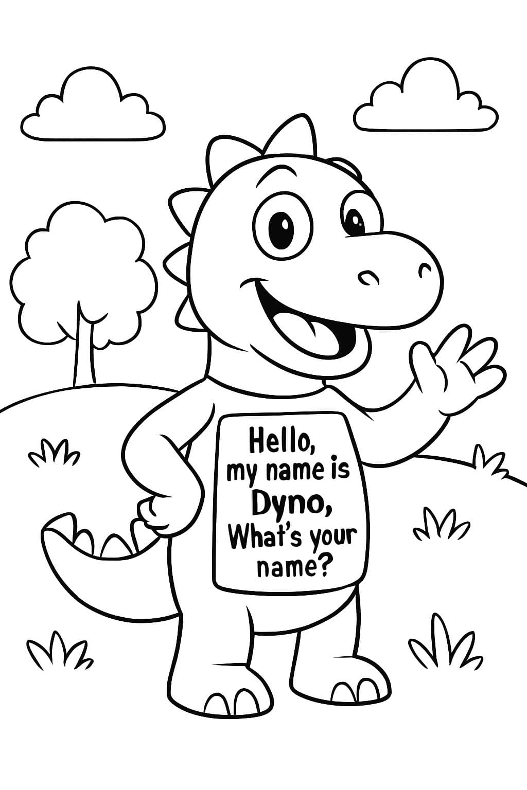 Un dinosaure marionnette qui dit : "Bonjour, je m'appelle Dyno. Comment t'appelles-tu ?"