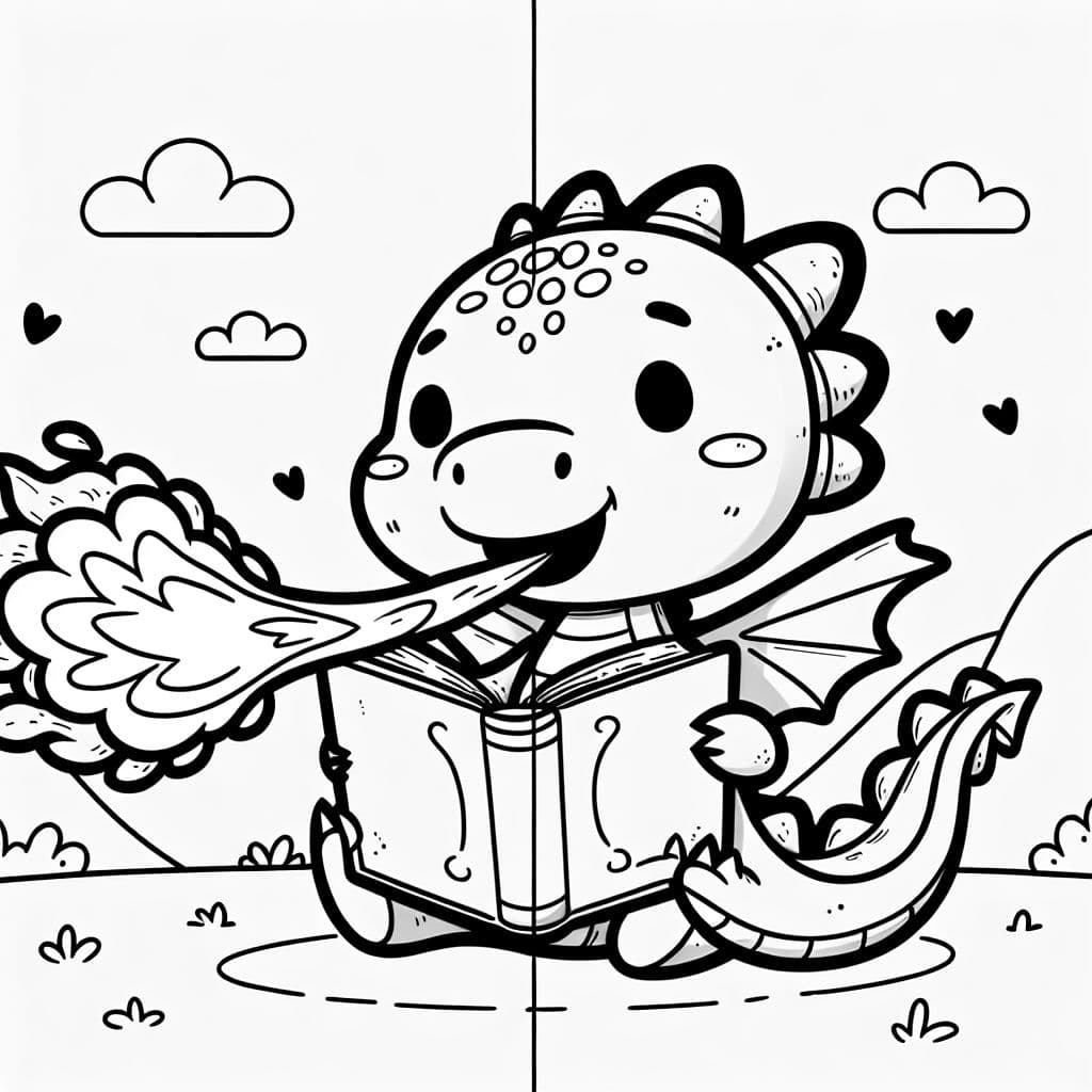 ein Drache, der ein Buch liest. Der Drache muss Feuer speien.