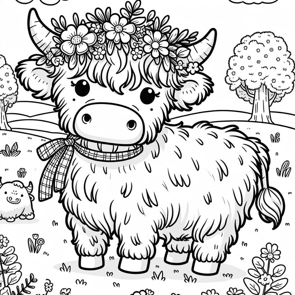 Vaca de las Tierras Altas con corona de flores