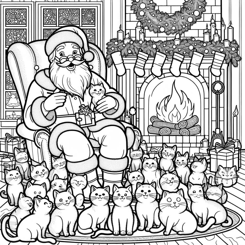 Santa claus with a bunch of cats in front of a fireplace