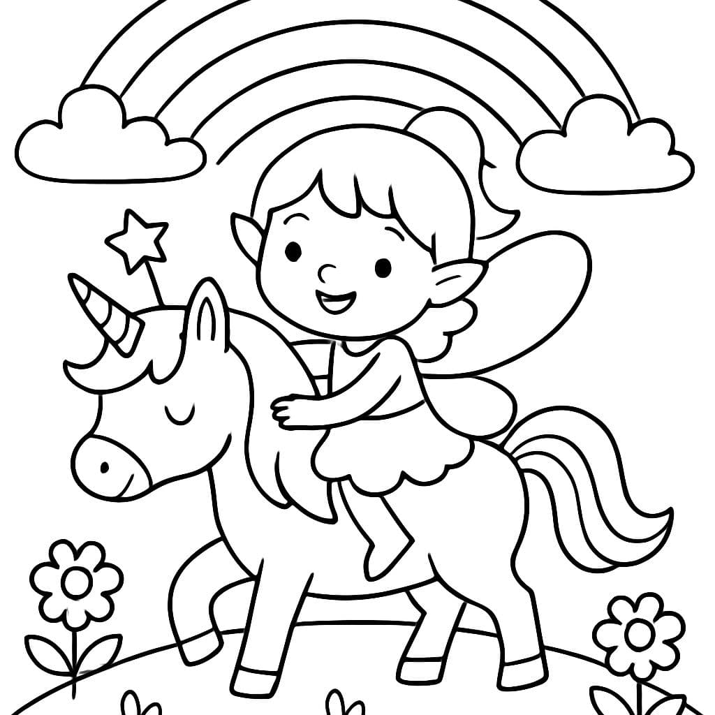 Um arco-íris com uma fada montando um unicórnio embaixo e algumas flores.